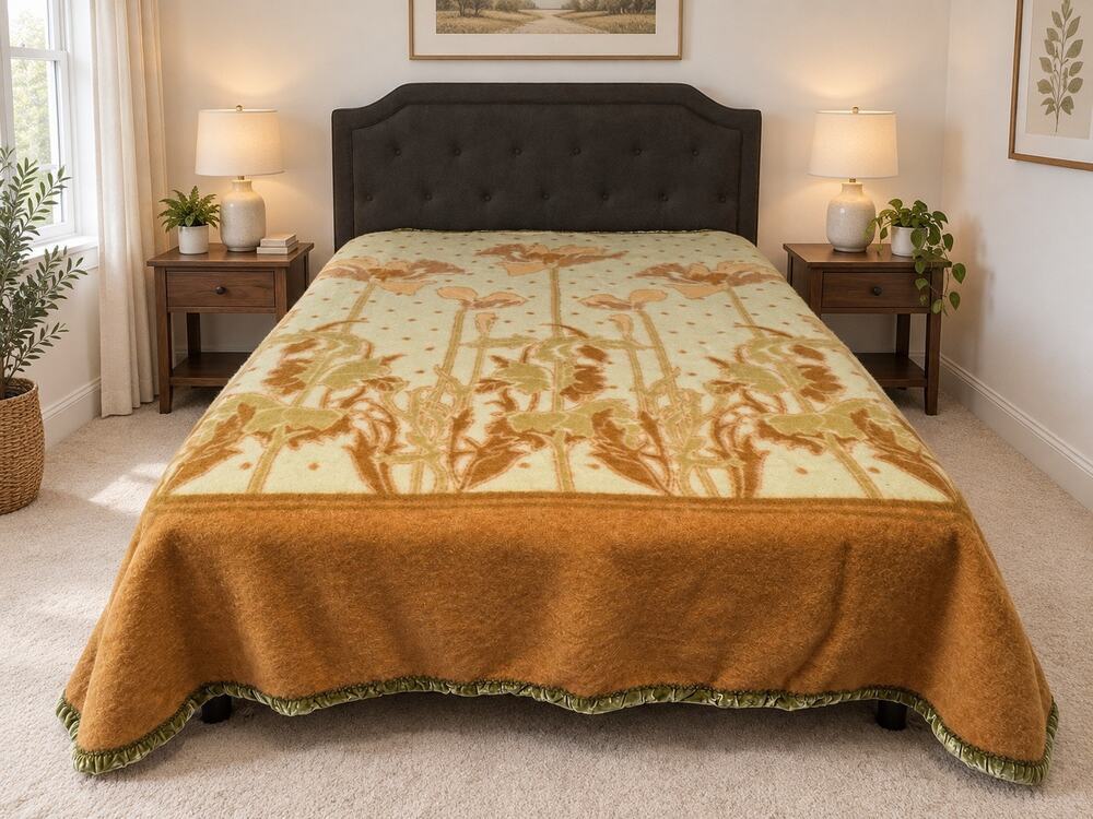Vintage 1970s Vestor 100% Virgin Australian Wool Floral King Blanket 97x101